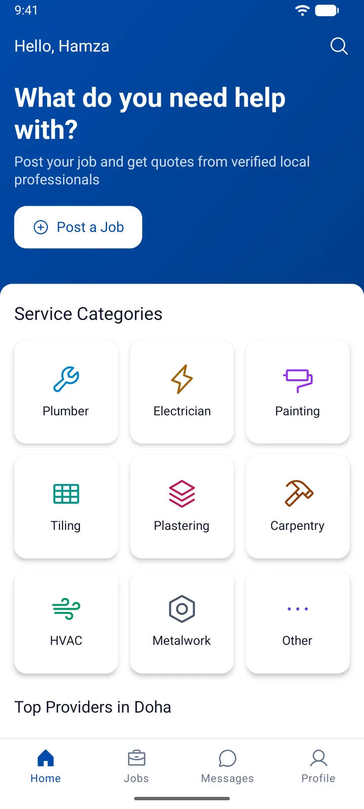 The ServiLink app home screen showing what do you need help with and a grid of service categories for Doha