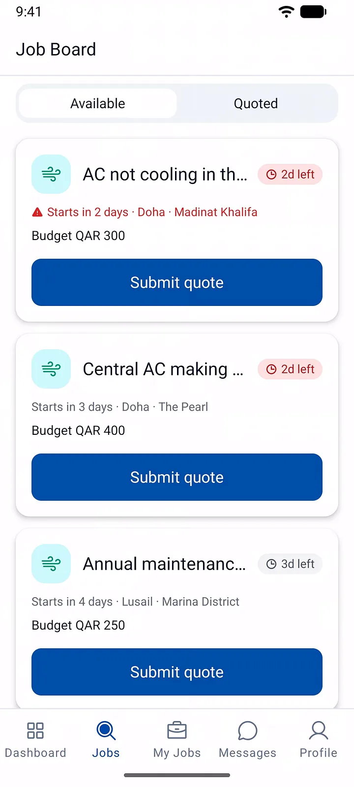 The ServiLink pro job board showing nearby customer requests in Doha that match your trade