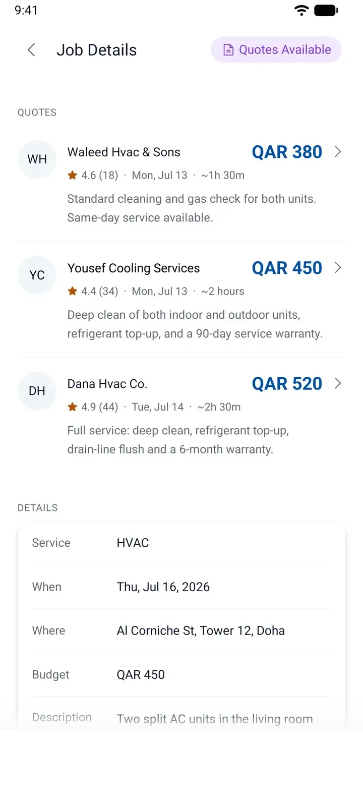 Comparing quotes in the ServiLink app